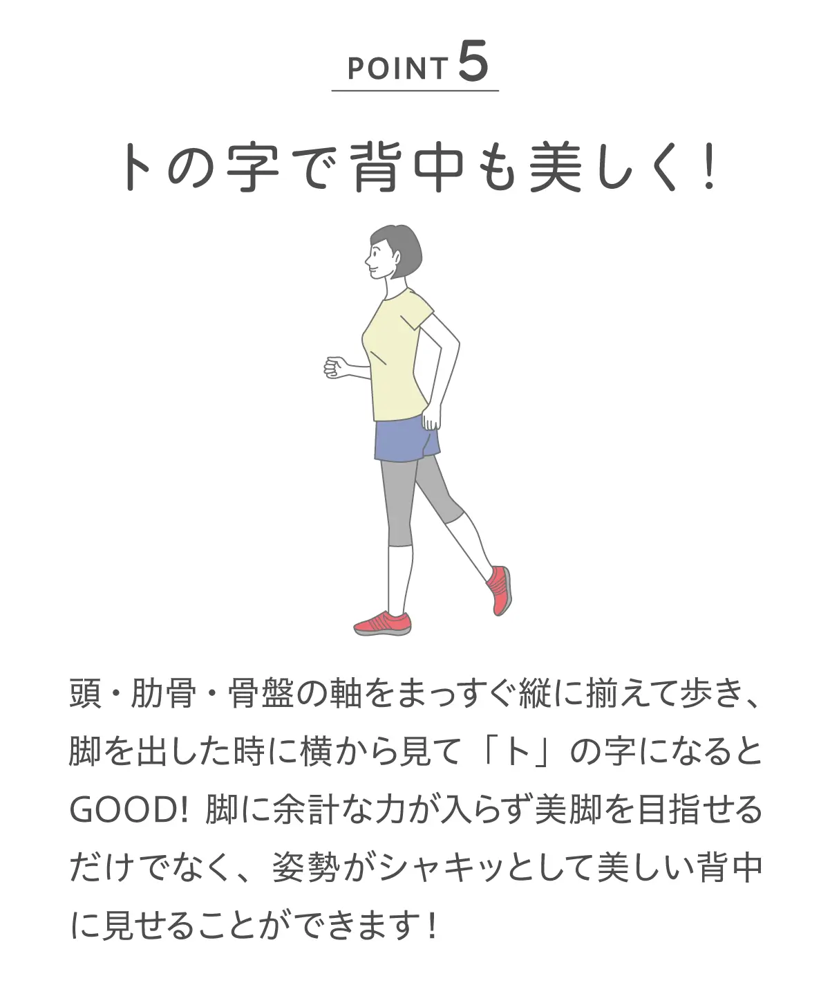 POINT5 トの字で背中も美しく！ 頭・肋骨・骨盤の軸をまっすぐ縦に揃えて歩き、脚を出した時に横から見て「ト」の字になるとGOOD!脚に余計な力が入らず美脚を目指せるだけでなく、姿勢がシャキッとして美しい背中に見せることができます！